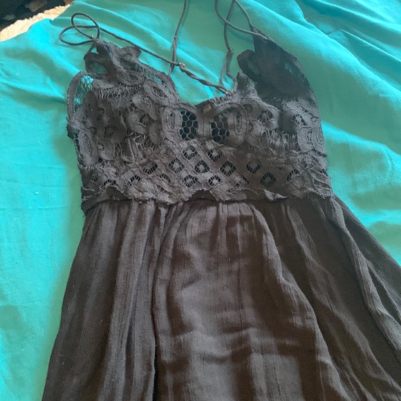 Free People Dresses & Skirts - FREE PEOPLE long black dress beautiful lace top and ruffle hem scandalous!!